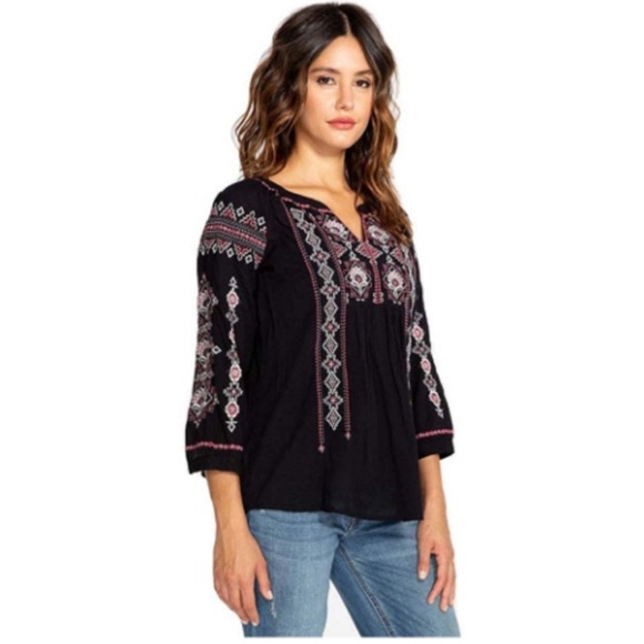 Johnny Was Tatum Embroidered Peasant Blouse Top Black Boho - Picture 3 of 12